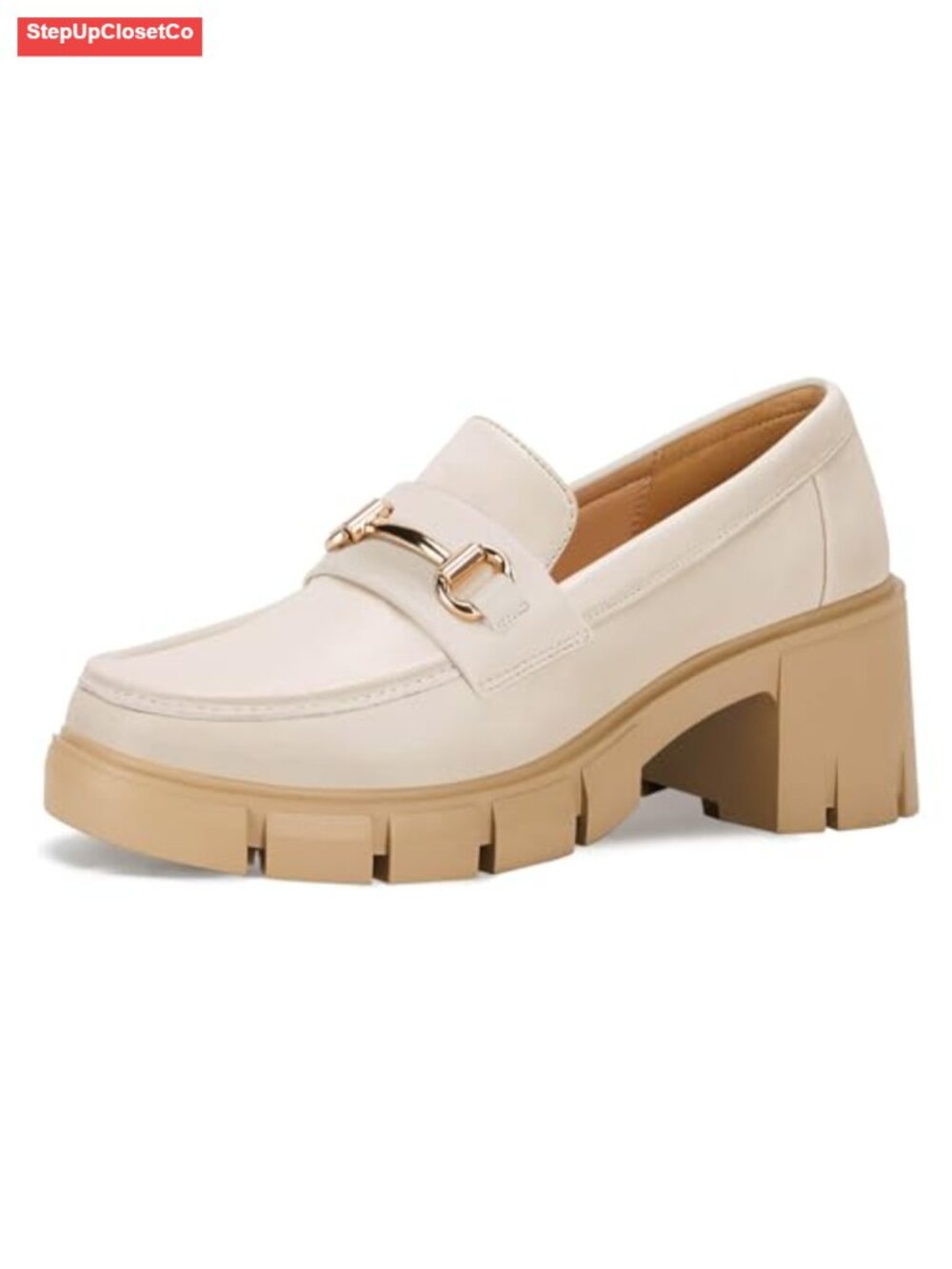Chunky Platform Lug Sole Loafers Mid Heel Square Toe Faux Leather Slip On